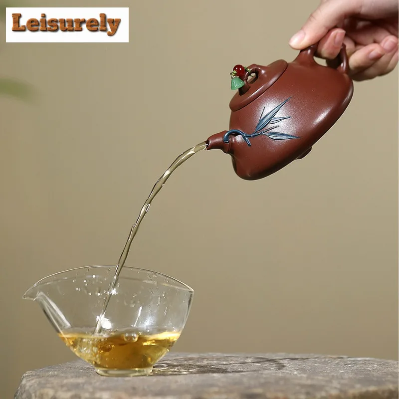 230ml Yixing Purple Clay Teapot Handmade Bamboo Shadow Stone Scoop Pot Raw Ore Di Chao Qing Mud Tea Soaking Kettle Infuser Zisha