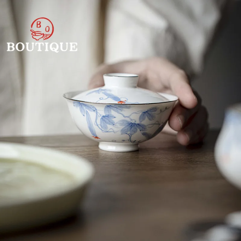 60ml Handpainted Luffa Ceramic Gaiwan Creative Silver Mouth Tea Tureen Thin Body Tea Maker Cover Bowl Cafes Equipment Collection