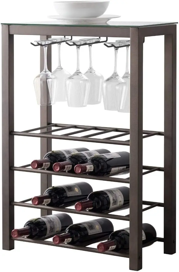Freestanding Floor Wine Rack Stand, Bar Storage Table - Holds 20 Bottles with Glasses Holder