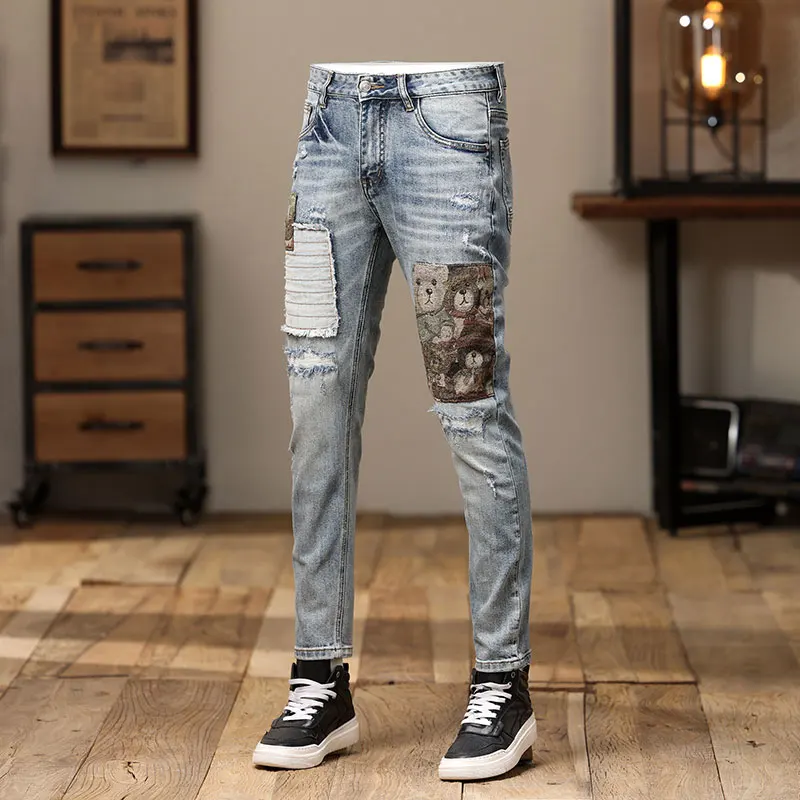 Street style fashionable elastic men's jeans retro light blue slim fit slit jeans men's patch designer hip-hop denim pants Hombr