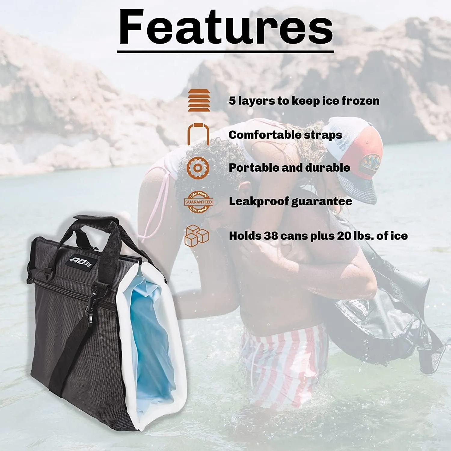 Stow N' Go Cooler, Leakproof with High-Density Insulation, Holds Ice for 24 Hours, Carbon Silver, 38 Pack