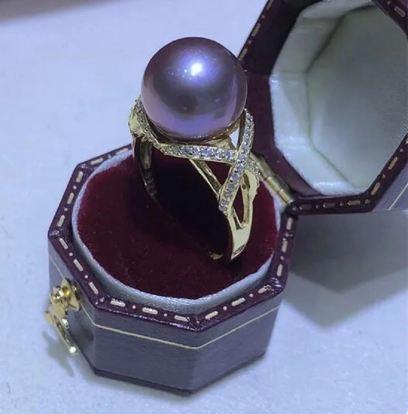 Nuovo Splendido Anello Di Perle Viola Del Mare Del Sud Naturale Aaaa +++ 11-10Mm 925S-Confezione Regalo