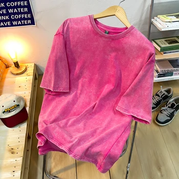 Vintage Snowflake Point Solid Color T-Shirts Women Men Cotton Short Sleeve Wash With Old Water Street Hip Hop Couple Tee Shirt 1