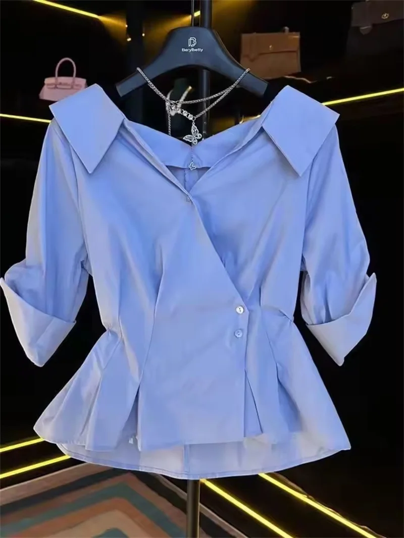 Elegant Short Sleeve V-Neck Shirt Women's Slim Blouse 2025 New Korean Commute High Waist Side Buckle Tops Female 1