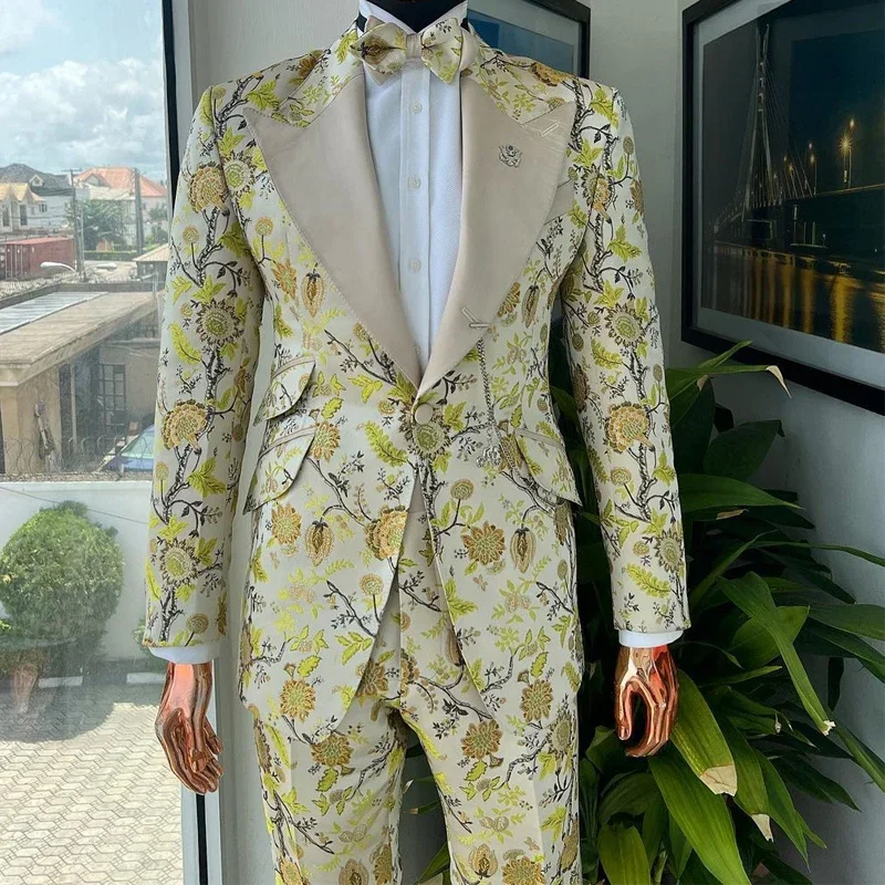 Floral Suits For Men Slim Fit 2 Pcs Jacquard Wedding Groom Tuxedo Custom Male Fashion Costume 2024 (Jacket + Pants)