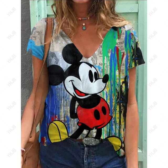 thumbnail image 1 of Camisetas de cuello en V de verano de dibujos animados de Disney Minnie 2024 para mujer, camisetas casuales de gran tamaño con estética de Mickey en 3D, camisetas de moda Harajuku, 1 of 5