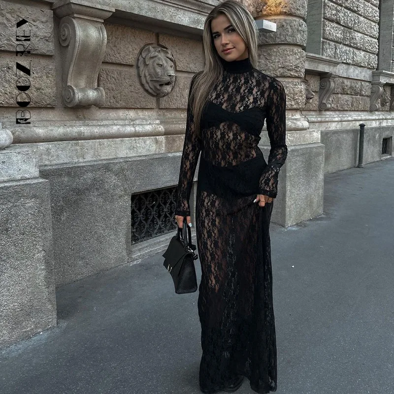 

BoozRey Sexy Black Lace Mesh See Through Womens Dress Turtleneck Long Sleeve Maxi Dress Female Fashion Slim Party Club Dresses