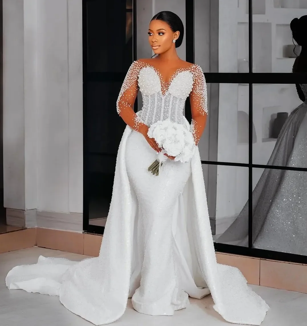 Robe de mariée sirène Aso Ebi personnalisée avec traîne détachable, illusion de dentelle perlée et cristaux – Vestidos De Noiva