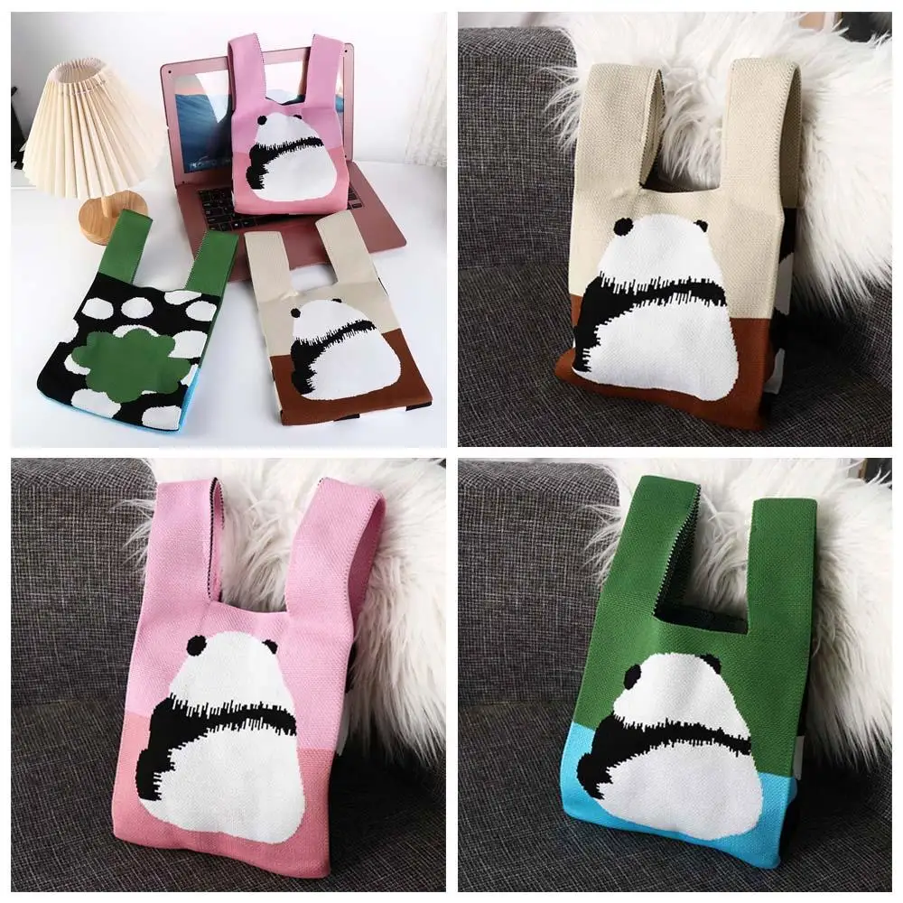 

Vest Shape Panda Wrist Bag Fashion Cartoon Animal Knitted Handbag Patchwork Ins Style Mini Knot Bag Outdoor