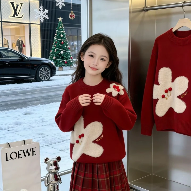 여아 꽃무늬 스웨터 풀오버 스웨터 아동복 빨간색 니트 스웨터  스웨터 아동복 ..