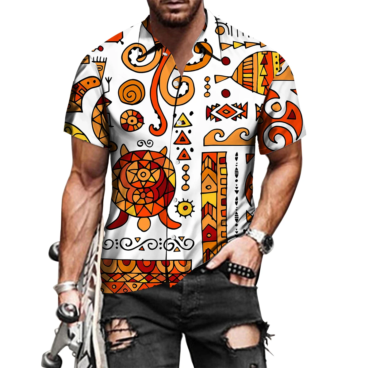 

Men's African Style 3D Printed Short Sleeve Buttoned Shirts Dashiki Shirt Summer Vintage Beach Vacation Tops Camisa Masculina