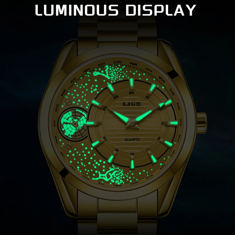 LIGE New Gold Globe Big Dial Watch Men Fashion Luminous Sports Men's Watches Waterproof Stainless Steel Quartz Chronograph Male