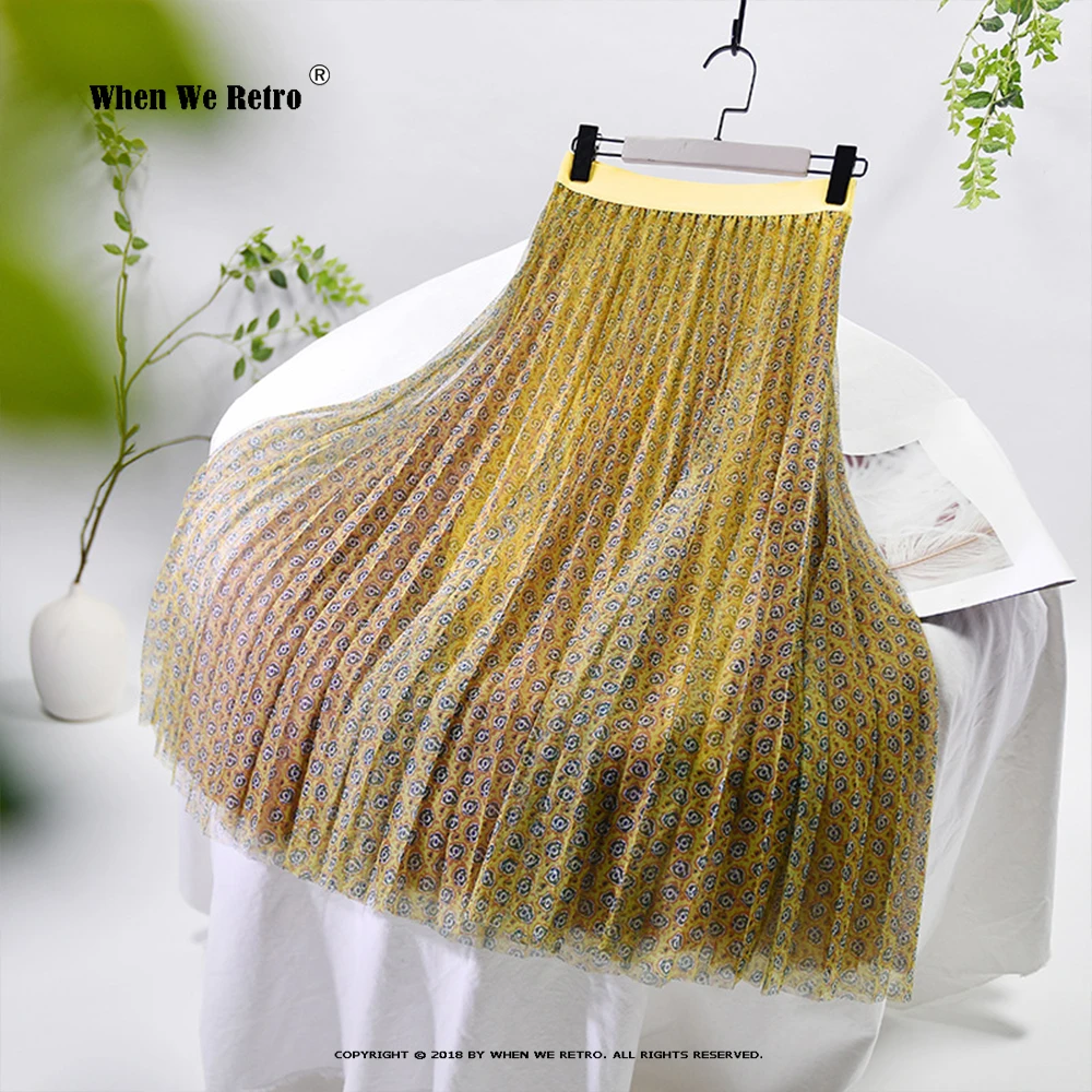

Chic Tulle Skirt Korean High Waist Fashion Pleated Long Skirt Yellow Blue Party Faldas Elastic Sweet Tutu Mesh Skirt RS011