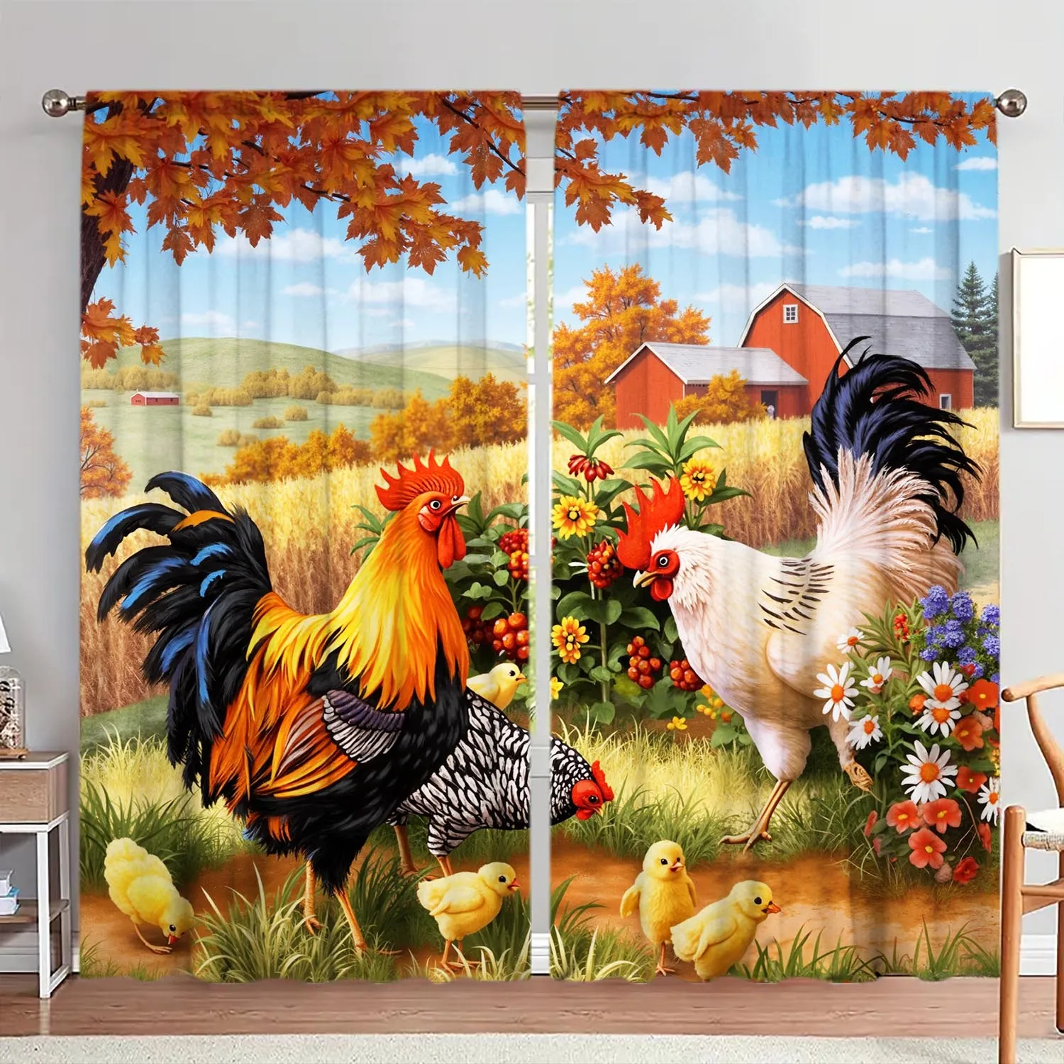 2pcs American Retro Country Rooster Decorative Curtains, Sunshade and Privacy-protecting Pole Curtains 4