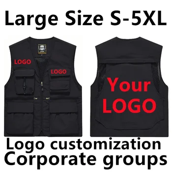 DIY Logo Custom Work Vest Multi Pocket Sleeveless Jacket Camping Big Size Men's Clothes  Plus Outerwear MAN Workwear LeisureY
