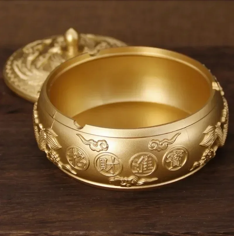 Pure Brass Dragon and Phoenix Ashtray Dragon Horse Can Open The Cover Home Office Living Room Tea Table Decoration