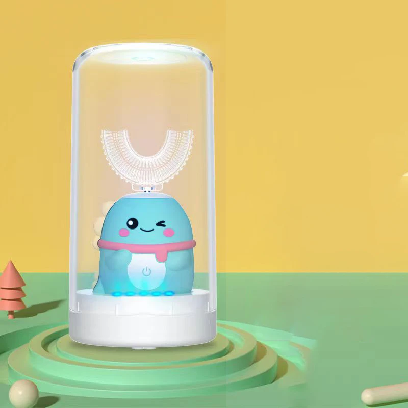 thumbnail image 1 of Cepillo de dientes eléctrico sónico de 360 grados para niños, recargable, inteligente, en forma de U, de silicona, con vaso de desinfección para niños, 1 of 5