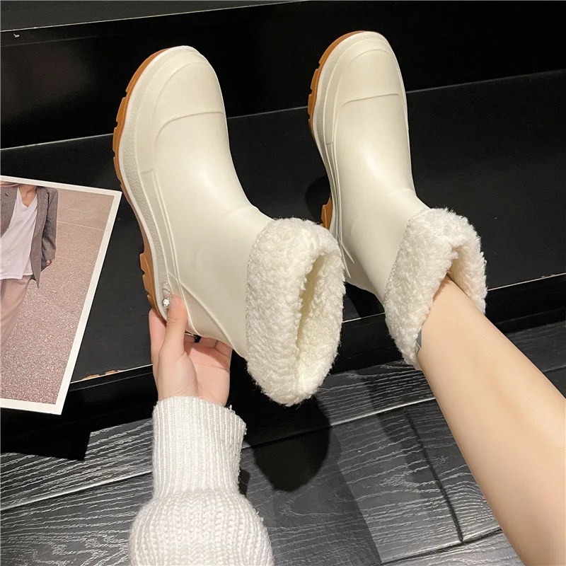 Women Solid Color Ankle Rain Boots Female Winter Outdoor Waterproof Non-slip Warm Boots Flat Platform Water Shoes