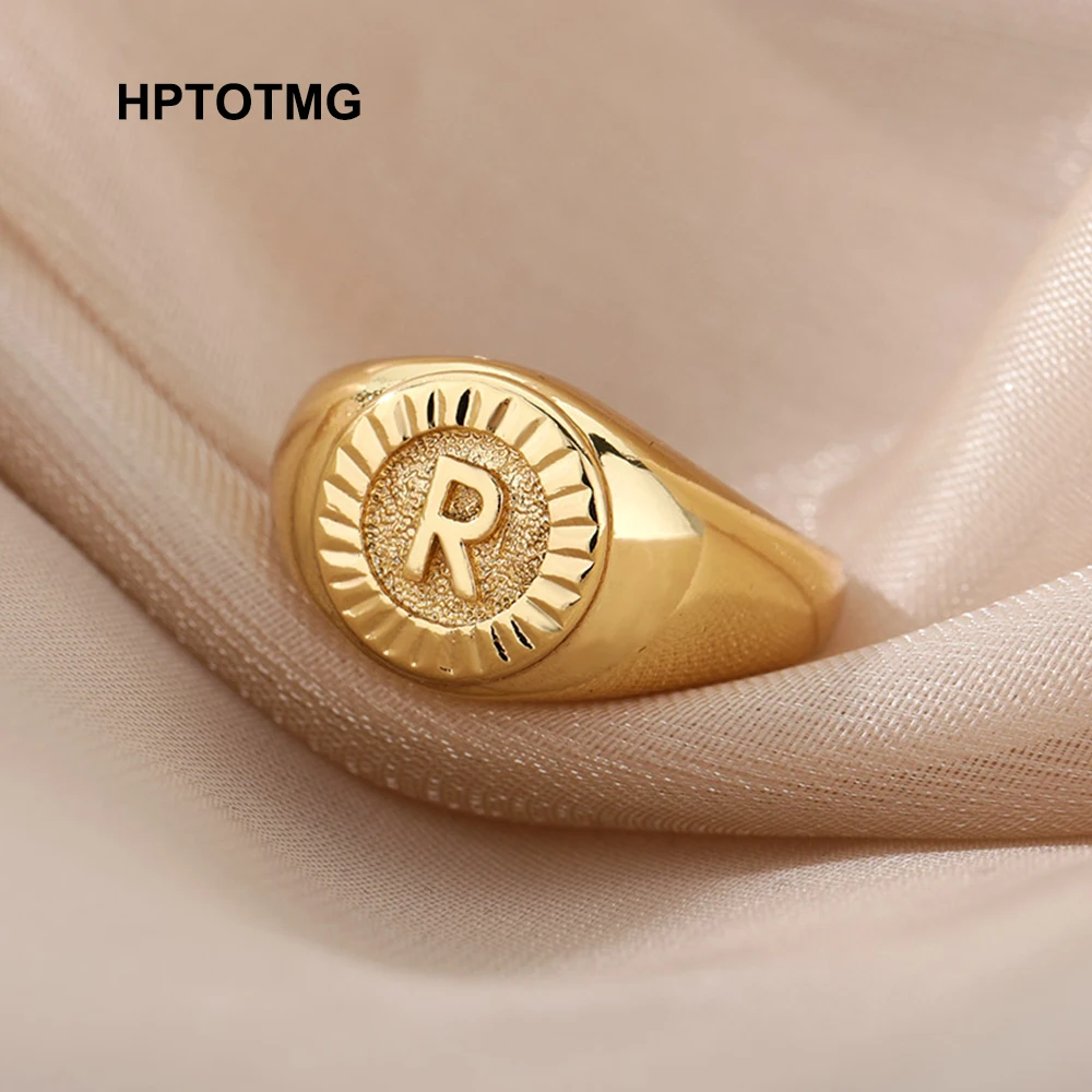 Initial Letter Signet Rings for Women Gold Color Stainless Steel Adjustable Ring Vintage Aesthetic Wedding Jewelry