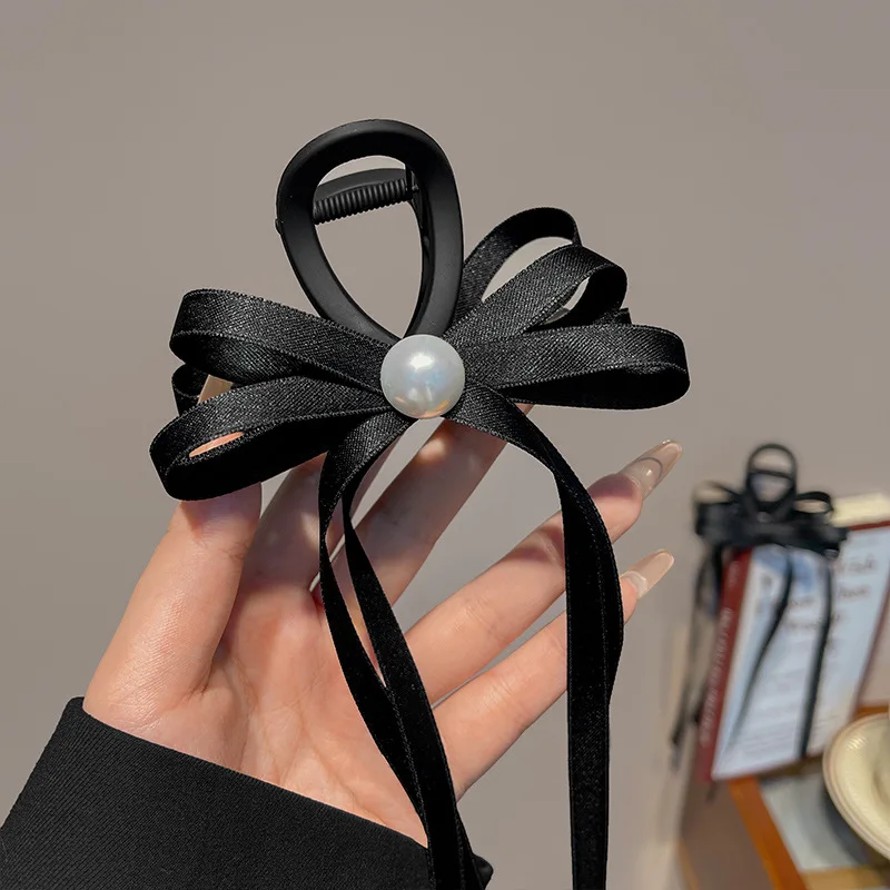 Fashion Woman Temperament Black Bowknot Ribbon Hair Clip for Girls Popular  Ponytail Hair Claw Pearls Hairpin Hair Accessories - AliExpress