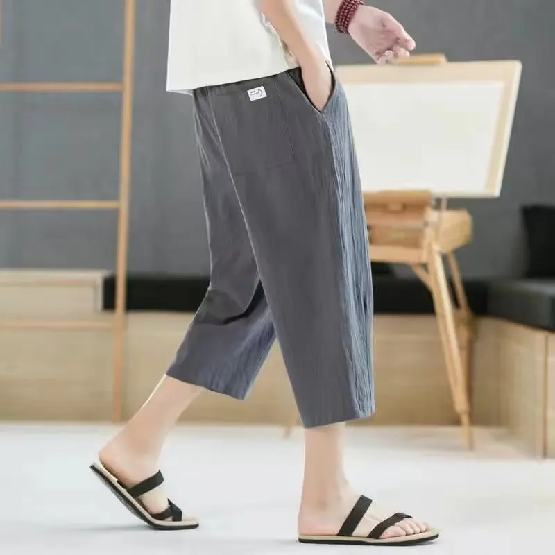 Summer Solid Color Elastic Waist Cropped Pants Men Thin Style Flax Casual All-match Loose Large Size Straight Cylinder Shorts