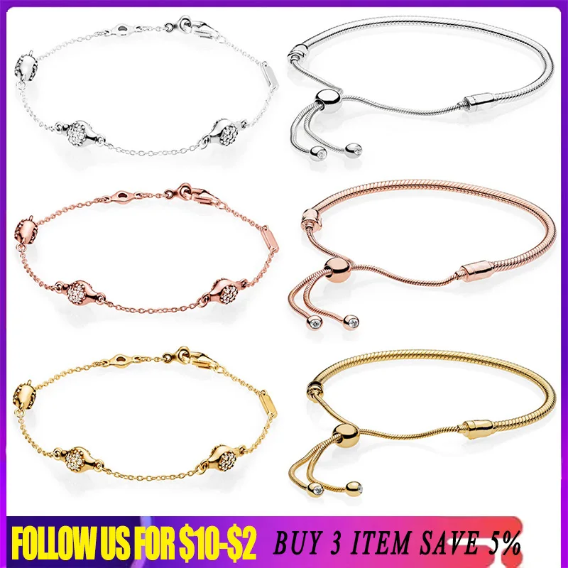 

925 Sterling Silver Bracelets Rose Gold Sparkling Pavé Bars Moments Snake Chain Slider Bangles For Women Diy Pendant Jewelry