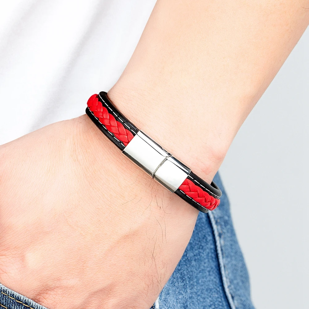 Braided Rope Leather Bracelet Men Stainless Steel Charm for Friend Couple Birthday New Year Gift