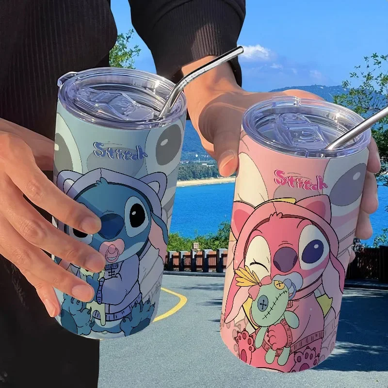 Disney Lilo & Stitch Cartoon Animation Stitch Thermos Cup Straw Coffee Cup Good-looking Personalized Creative Portable Water Cup