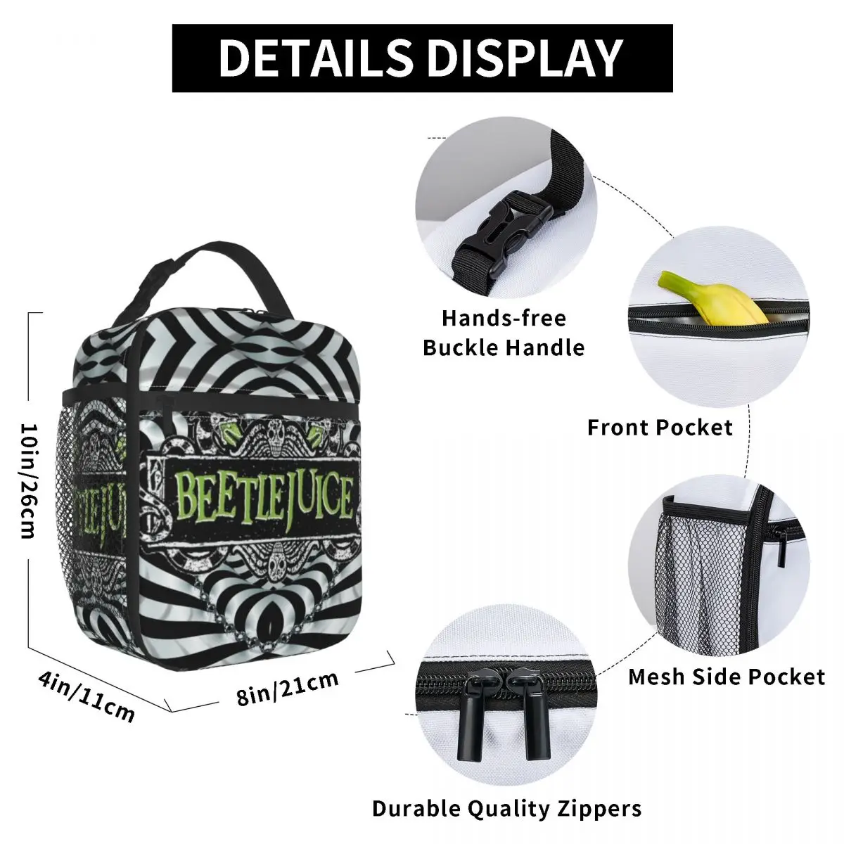 Custom Horror Movie Beetlejuice Lunch Bag Men Women Cooler Thermal Insulated Lunch Box for Kids School