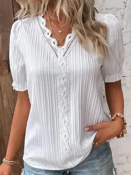 Plus Size Women's Shirt Blouse Yellow-green Violets White Plain Lace Short Sleeve Casual Basic V Neck Regular Pullover White Blo 1