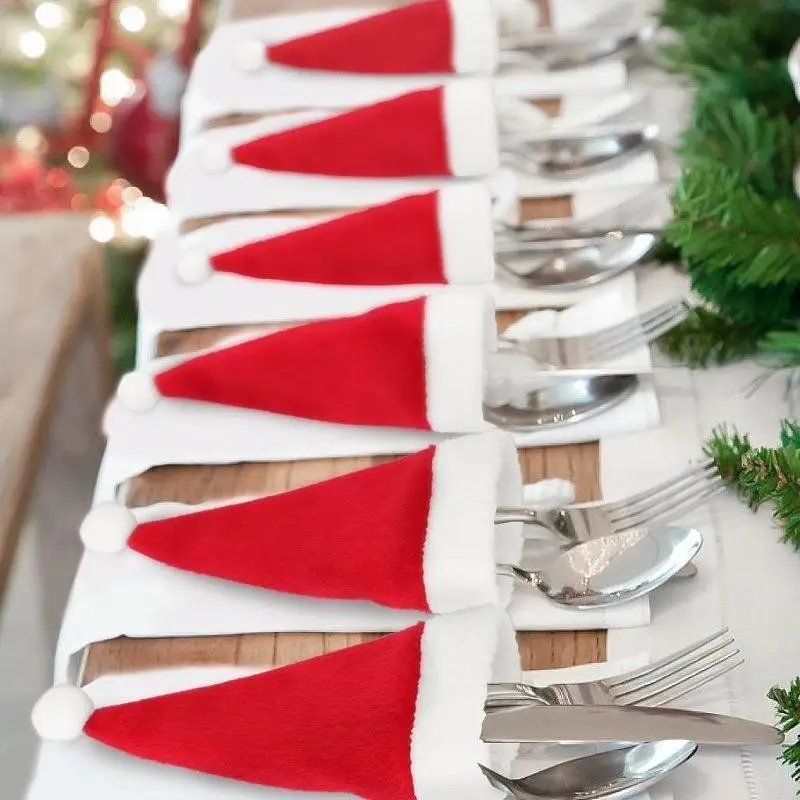 5/10Pcs Christmas Tableware Knife Fork Set Holder Mini Santa Claus Hat Christmas Decorations Home Christmas Decor Christmas Hats