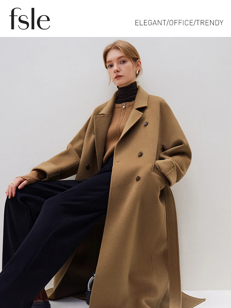 ジャケット・アウター L'Or Geelong wool long coat FSLE 100% Wool Black Temperament Long Double Breasted Woolen