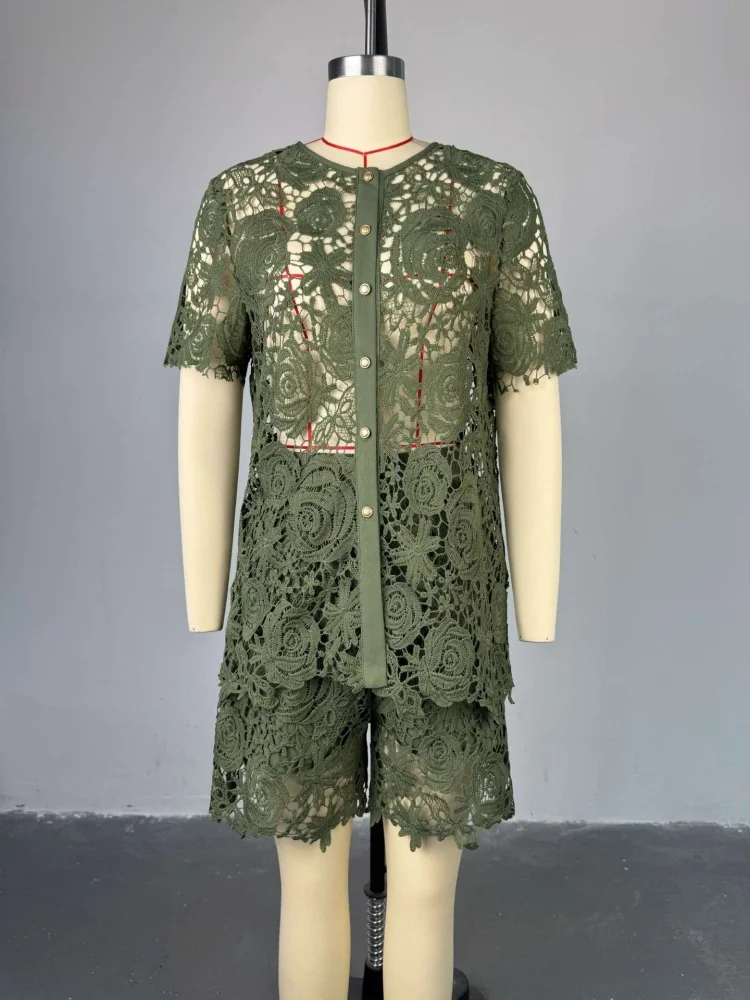 Wmstar Women 2 Piece Sets Wholesale Summer New Sweet Fresh Lace Stand Short Sleeved Shirt High Waist Shorts Sets Matching Suit