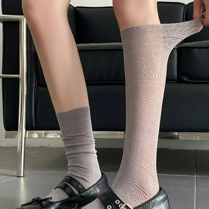 Retro Summer Lace Flower Woman Socks Sweet Lolita JK Pile Solid Color Hollowed Out Long Loose Socks Casual Comfortable Sockings