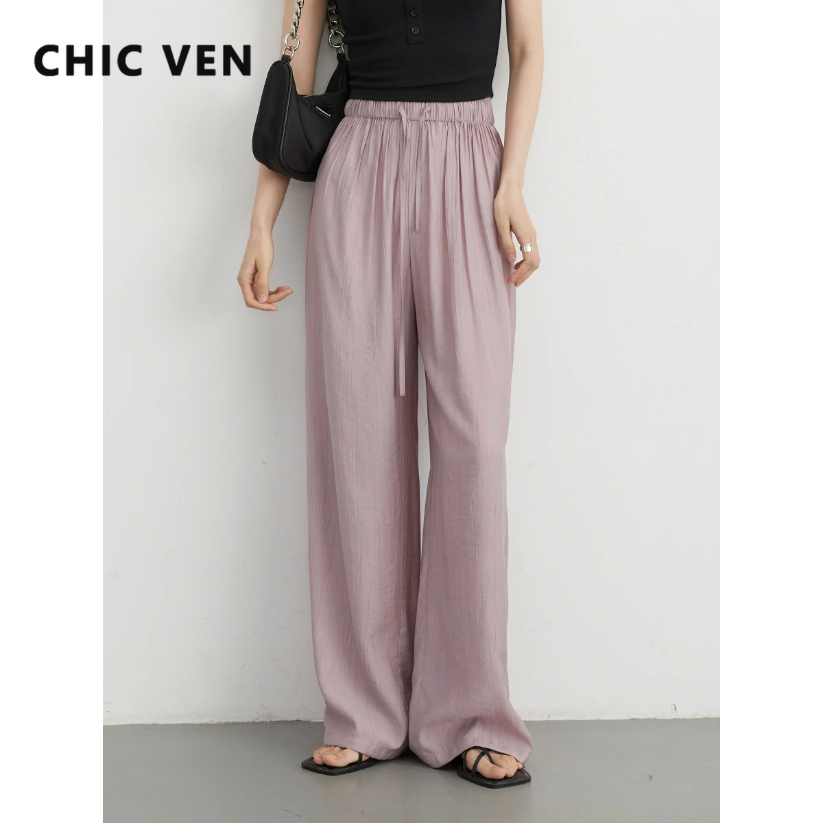 

CHIC VEN Korean Women Pants High Waisted Loose Solid Textured Elastic Waist Wide Leg Casual Trousers for Woman Sport Summer 2024