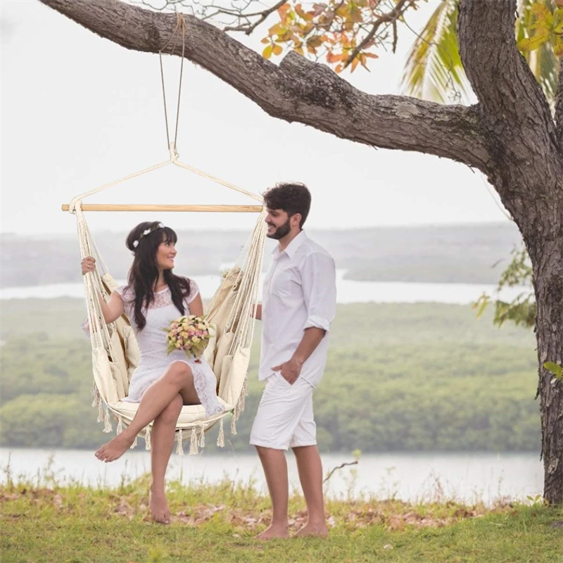 Hammock Swing Chair Hammock Chair Hanging Rope Swing Max 500 Lbs 2 Cushions Included Large Macrame Hanging Chair with Pocket for Superior Comfort