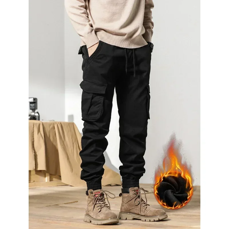New Multi-Pockets Winter Cargo Pants Men Fleece Liner Thick Warm Slim Fit Joggers Streetwear Casual Cotton Thermal Trousers casual pants