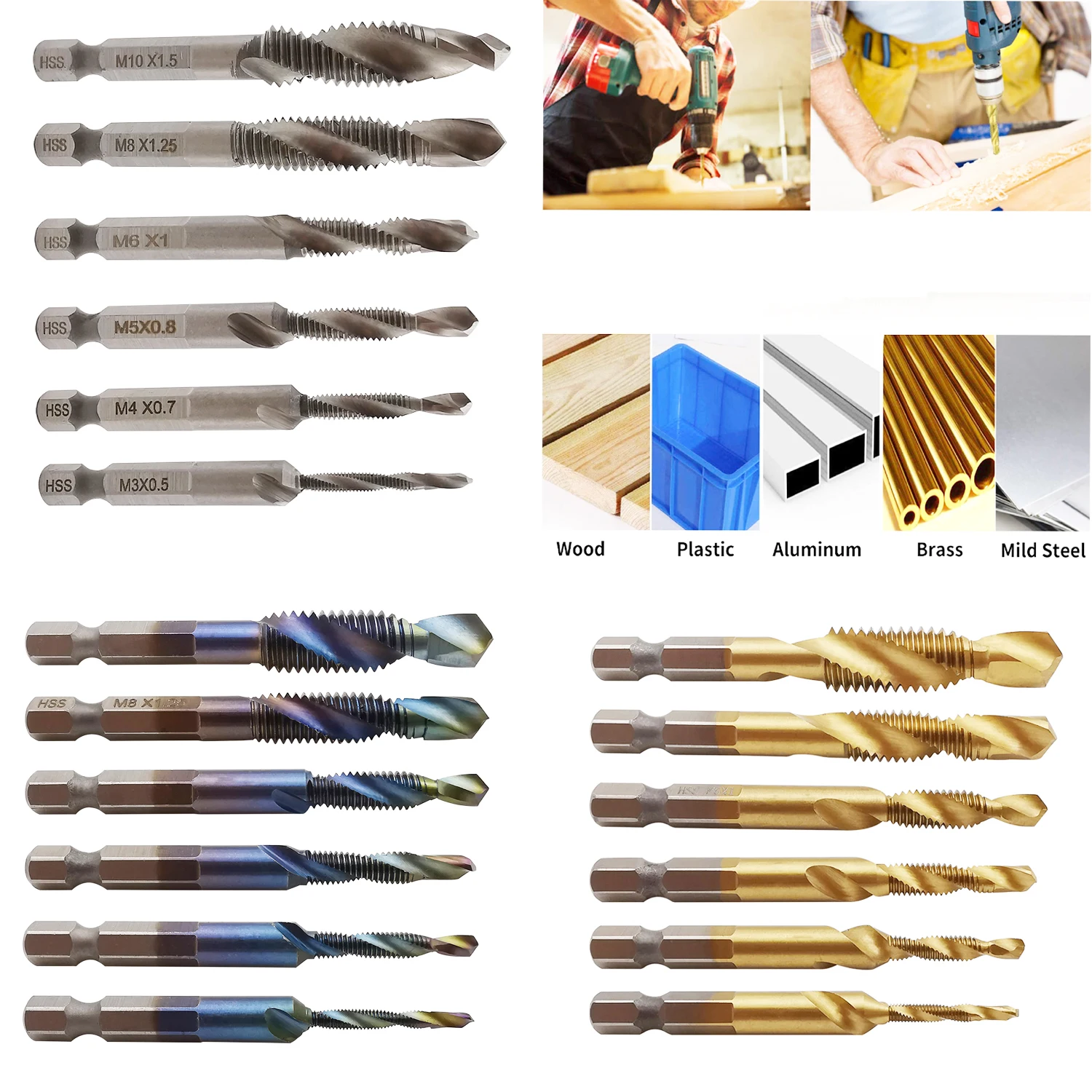 6Pcs Titanium Plated Drill Tap HSS Screw Thread Metric Hex Shank Tapping Bit Tool M3 M4 M5 M6 M8 M10 |