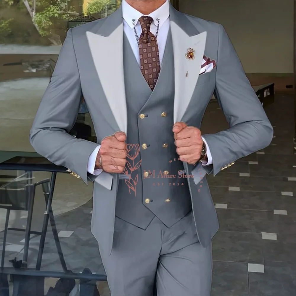 Formal Men Suits 3-piece in Grey Tuxedo Slim Fit Groom White Peak Lapel Blazer Vest Pants Sets for Wedding Banquet Dinner Party