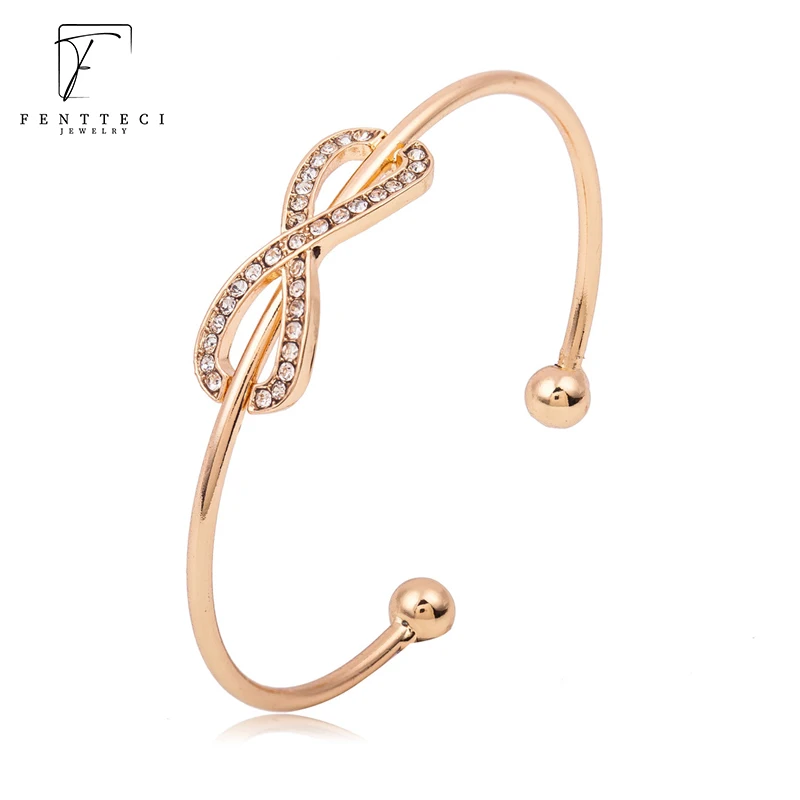 FENTTECI 925 Sterling Silver Gold Plated Bow Knot Cuff Bracelet Diamond Bracelet Sweet Cute Fine Jewelry for Women Super Flash