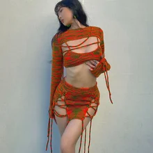 

Znaiml 2022 Two Piece Suit Stripe Knitted Crop Top Skirts Set Print Elegant Sexy Skirt Sets Lace Up Hollow Out 2 Piece Outfit
