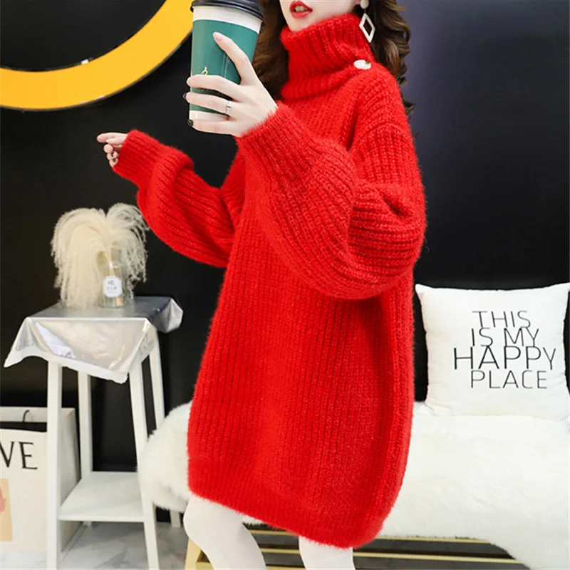 

Red Khaki Knitted Pullover Sweater Women Coarse Yarn Long Turtleneck Tops Autumn Winter Thick High Collar Knitwear Jumper Ladies