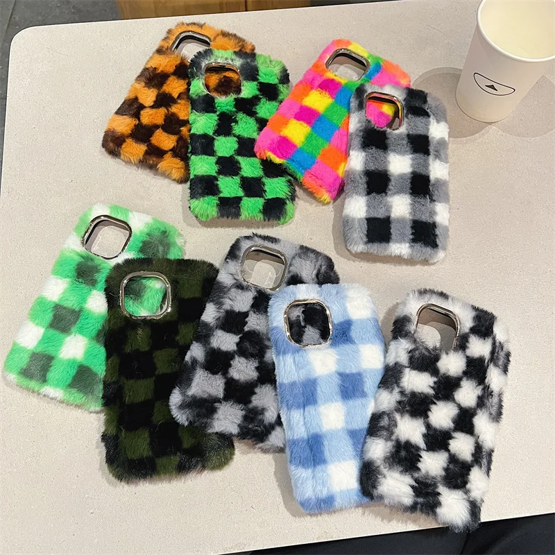 Fluffy Plush Rhomboid Plaid Phone Case For iPhone 13 12 11 Pro Max X XR XS  Max 7 8 Plus Fuzzy Wool Fabrics Checkerboard Cover - AliExpress