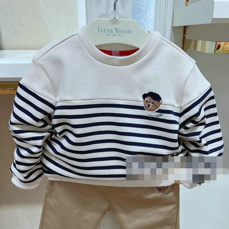 

Bear Embroidery Cotton Kids Hoodies Striped Print Oversize Loose Sweatshirt matching family outfits mommy and me Clothes
