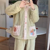 Thickened Warm Flannel Women Sleepwear Loungewear Cardigan Suit Winter Sweet Kawaii Soft Fairy Wind Ladies Pajamas Homewear - Image 5