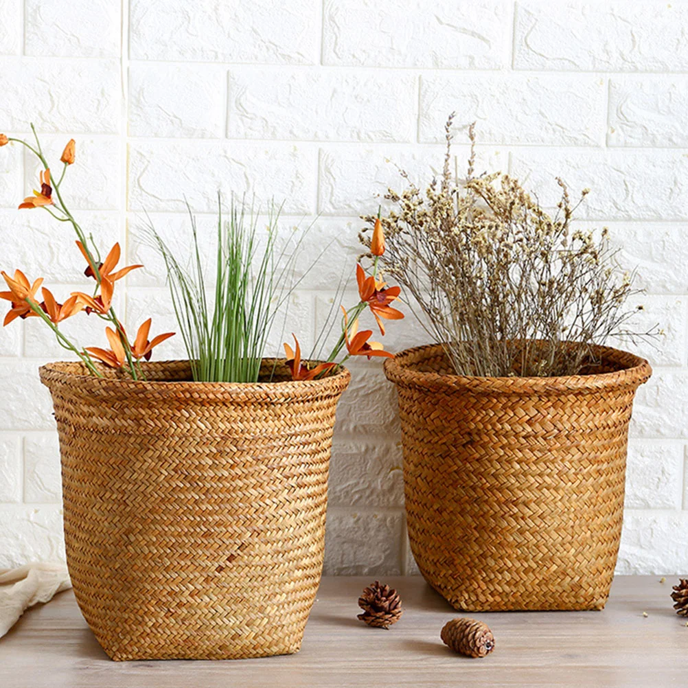 

Basket Trash Can Woven Storage Wicker Waste Garbage Rattan Bin Laundry Sundries Wastebasket Paper Container Baskets Seagrass