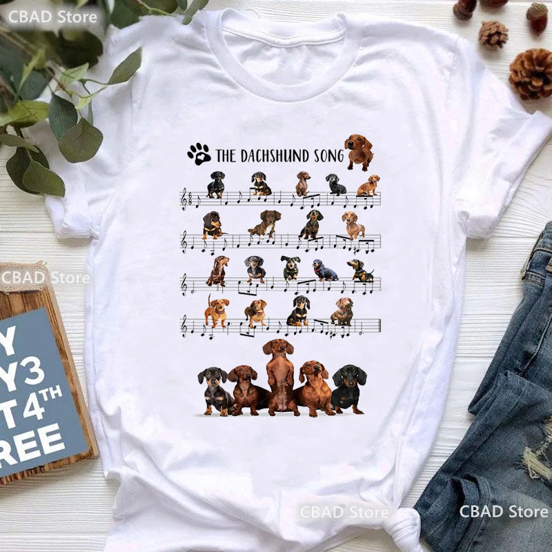 닥스훈트 노래 그래픽 프린트 티셔츠, 소녀 음악 노트, 개 애호가, 애완 동물 티셔츠, 여성 의류, 화이트 캐주얼 티셔츠