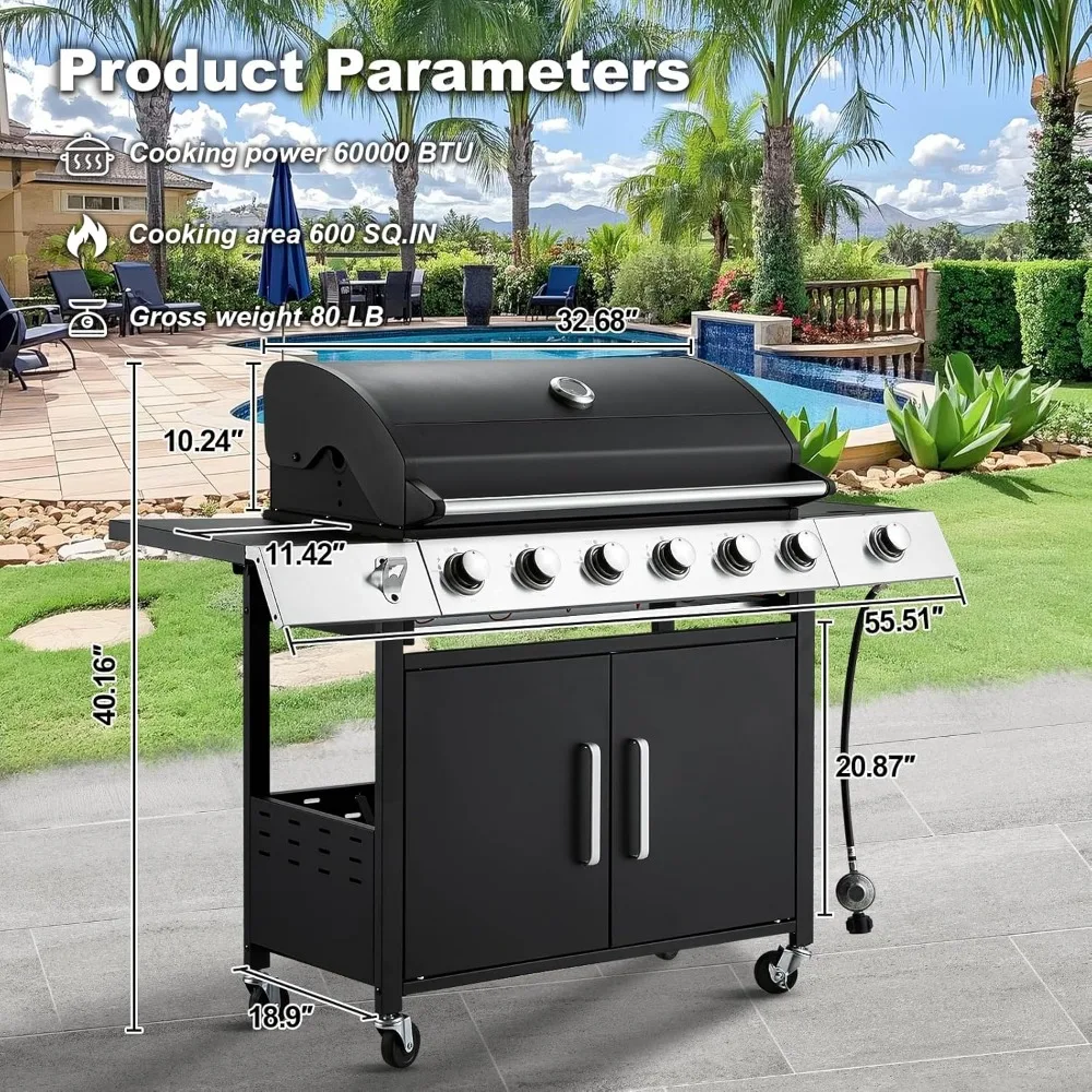 Upgraded 6 Burner Propane Gas Grill with Cast Iron Grates & Side Stove, 60,000 BTU Stainless Steel, BBQ Grills 2