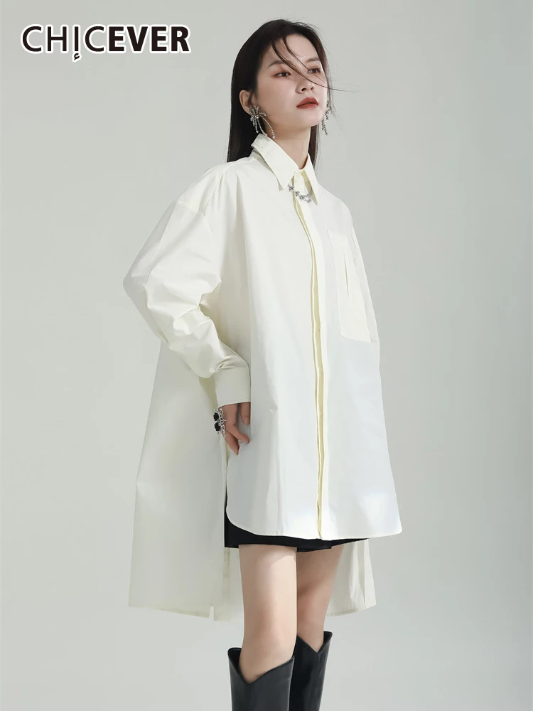 

CHICEVER Minimalist Shirts For Women Lapel Long Sleeve Patchwork Button Folds Irregular Hem Loose Blouse Female Spring Clothing