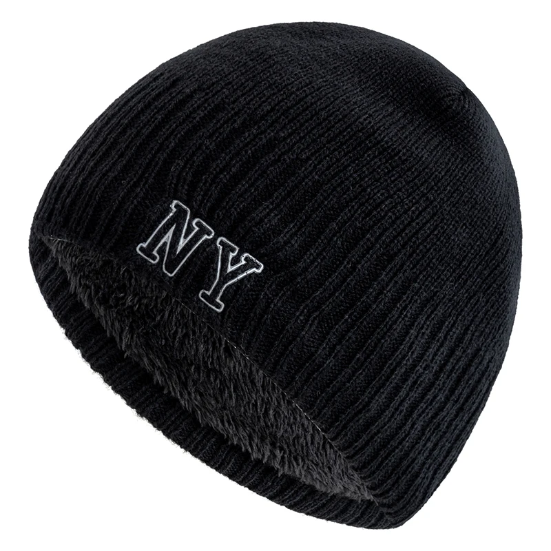 New Style Unisex Autumn/Winter Hats Plush Fur Lined Men Women Warm Beanie Cap Casual NY Printing Winter Ski Knitted Hats